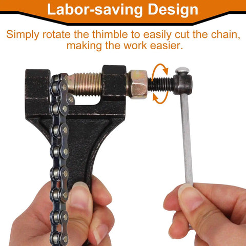 Close-up of Beefy Motorcycle Chain Breaker Tool For 420 428 520 525 528 530 Roller Chains in use.