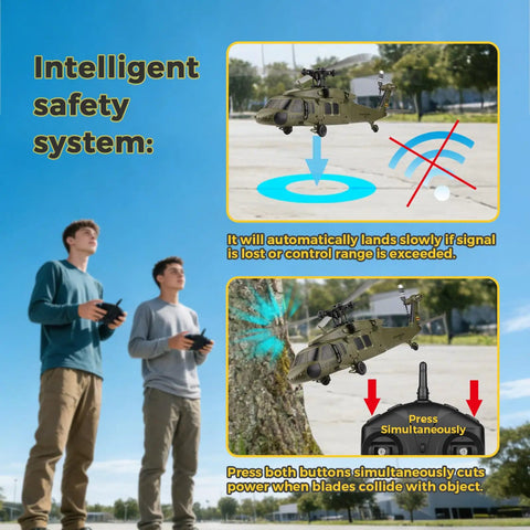 UH60L Black Hawk RC Helicopter showcasing intelligent safety system with two operators and remote control instructions