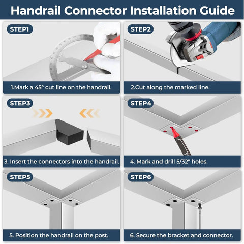 Handrail Connector Installation Guide showing steps for Top Tier Bulletproof Black Corner Connector For 90 Degree Cable Deck Hand Rail.