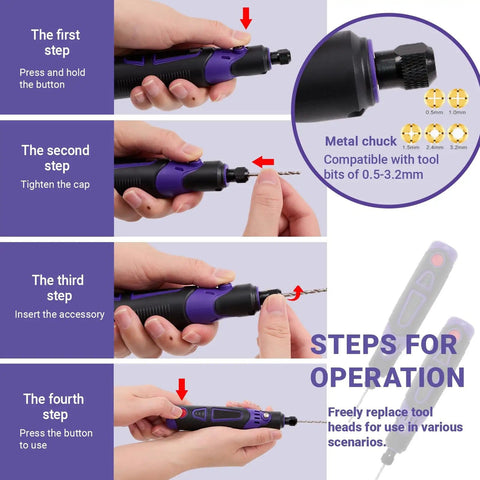 Step-by-step guide on using the All In One Rechargeable Cordless Engraving Pen Kit With 82 Accessories For Metal Wood Glass Plastic Stone Etching And Carving.