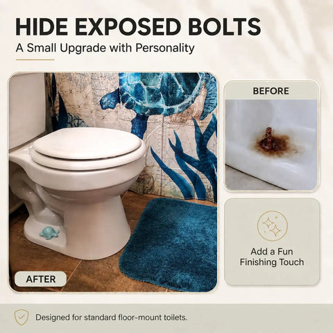 Blue Ceramic Sea Turtle Toilet Bolt Covers 2 Pack Quick Conceal Rusty Seat Bolts Coastal Bathroom Decor Upgrade in bathroom setting.