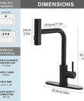 Slick Matte Black Waterfall Kitchen Faucet With Pull Down Sprayer And Matching Soap Dispenser dimensions and installation details.