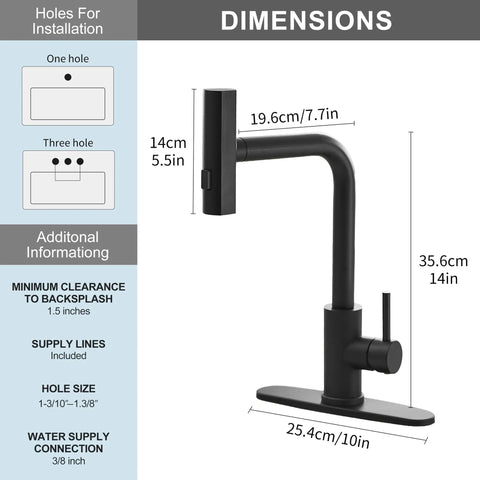 Slick Matte Black Waterfall Kitchen Faucet With Pull Down Sprayer And Matching Soap Dispenser dimensions and installation details.