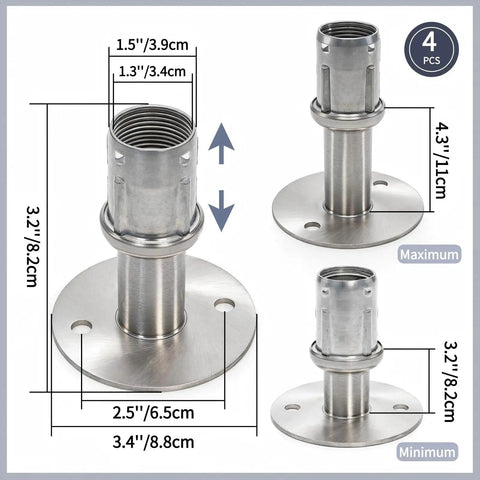 Mezchi Four Pack Adjustable Stainless Steel Flanged Feet For Three And A Half Inch Diameter Round Base Leveling Furniture Legs Beefy Heavy Duty 1500 Pound Capacity Cabinets Closet Rod Flange Holder For One And Five Eighth Inch Tubing