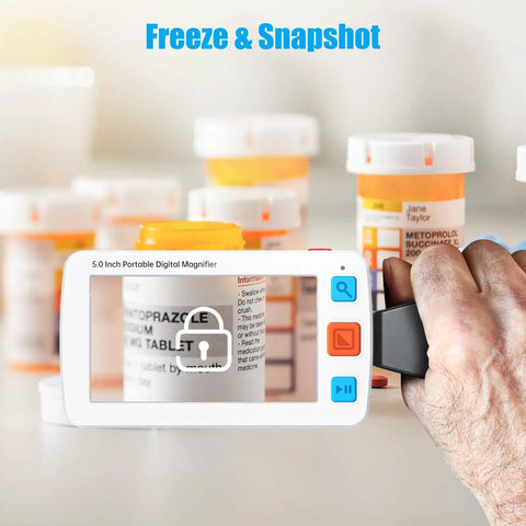 Must Have Portable Digital Magnifier Reading Aid With Foldable Handle 5.0 Inch LCD Screen displaying medication label