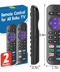 Two Pack Replacement TV Remote Control No Setup Required Pairs Instantly Works With Most Major Roku Ready Televisions From TCL Hisense Onn Sharp Philips Element Westinghouse Not For Sticks Or Boxes shown with packaging