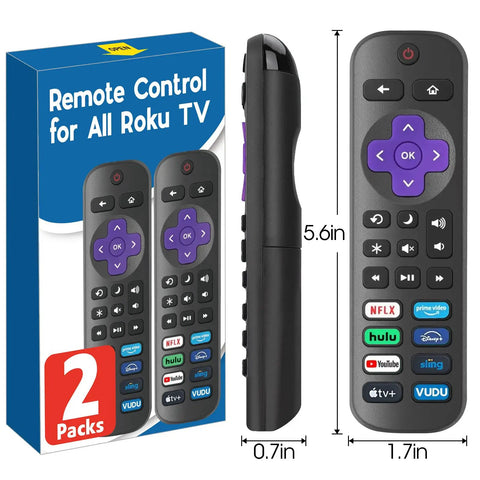 Two Pack Replacement TV Remote Control No Setup Required Pairs Instantly Works With Most Major Roku Ready Televisions From TCL Hisense Onn Sharp Philips Element Westinghouse Not For Sticks Or Boxes shown with packaging
