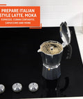 Stovetop Cast Aluminum 9 Cup Moka Pot Coffee Maker with flip top lid and cool touch handle brewing espresso on a stove.