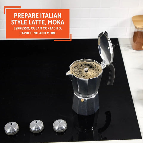 Stovetop Cast Aluminum 9 Cup Moka Pot Coffee Maker with flip top lid and cool touch handle brewing espresso on a stove.