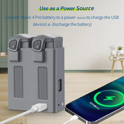 Two-Way USB Battery Hub For DJI Mavic 4 Pro With Smart Charging Station connected to smartphone on a desk