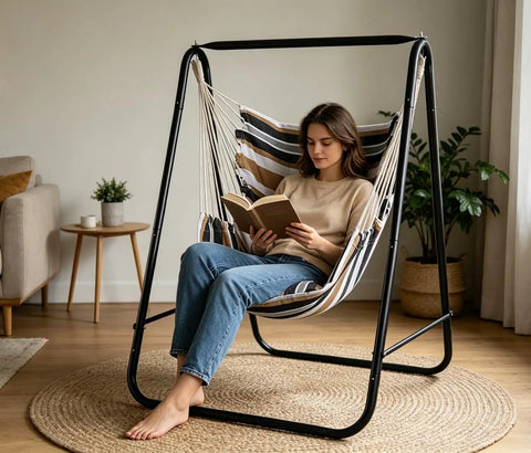Weatherproof Hammock Chair Stand With Hanging Swing Chair Included, Rugged Iron Frame Supports Up To 450 Lbs, indoor use featuring person reading.
