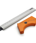 Quick Cut Circular Saw Guide with Rail and Angle Assist All In One Woodworking Tool 16 Inch Durable Aluminum Guide Rail next to orange angle tool