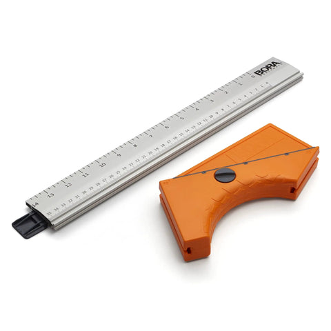Quick Cut Circular Saw Guide with Rail and Angle Assist All In One Woodworking Tool 16 Inch Durable Aluminum Guide Rail next to orange angle tool