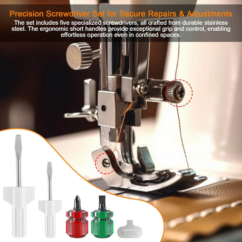Thirteen Piece Sewing Machine Cleaning Kit with screwdrivers and tweezers for precise maintenance and quick repairs on sewing machines.