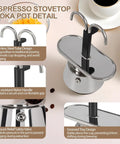 Heavy Duty 2 Cup Dual Pipe Moka Pot Crafted From Thickened 304 Stainless Steel Using Fully Uncoated Inner Walls For Rock Solid Extraction That Totally Slaps When You Kickstart Your Daily Grind - close-up of stainless steel tube and handle details