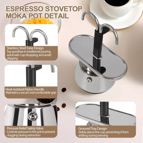 Heavy Duty 2 Cup Dual Pipe Moka Pot Crafted From Thickened 304 Stainless Steel Using Fully Uncoated Inner Walls For Rock Solid Extraction That Totally Slaps When You Kickstart Your Daily Grind - close-up of stainless steel tube and handle details