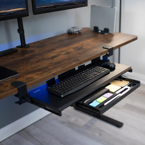 Under Desk Keyboard Tray With Pull Out Platform Extra Sturdy C Clamp Mount Big 33 Inch Wide By 11 Inch Deep Slide Out Tray Built In Pencil Drawer Space Saving Keyboard And Mouse Setup Black