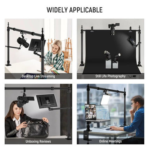 Overhead Camera Mount Rig With Dual Ball Heads And Heavy Duty Clamp in various studio setups: streaming, photography, reviews, meetings.