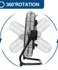 20 Inch High Velocity Floor Fan 4600 CFM Three Speed Heavy Duty Metal Fan With Wall Mount System showing 360° rotation feature