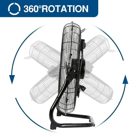 20 Inch High Velocity Floor Fan 4600 CFM Three Speed Heavy Duty Metal Fan With Wall Mount System showing 360° rotation feature