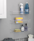 Top Shelf 3 Tier Wall Mounted Metal Rack For Kitchen Pantry Organization Keeps Your Space Slick With Rock Solid Storage For Cans Cleaners And Toiletries In A Clean White Build. Three shelves with cleaners and toiletries.
