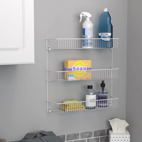Top Shelf 3 Tier Wall Mounted Metal Rack For Kitchen Pantry Organization Keeps Your Space Slick With Rock Solid Storage For Cans Cleaners And Toiletries In A Clean White Build. Three shelves with cleaners and toiletries.