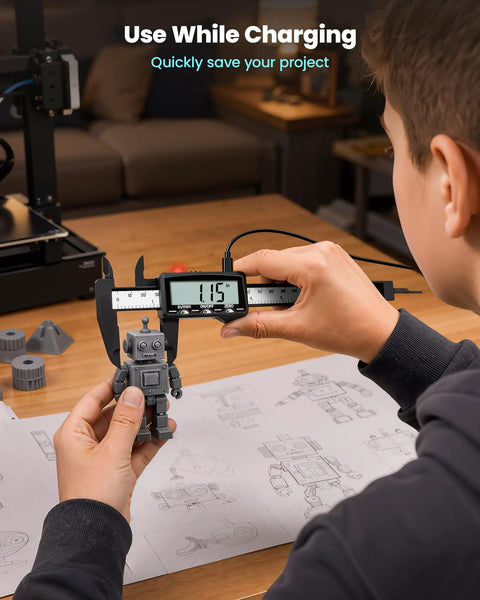 Person measuring toy robot with Rechargeable Digital Caliper With Large LCD Screen In Mm Conversion Auto Off Protective Case 6 Inch Plastic
