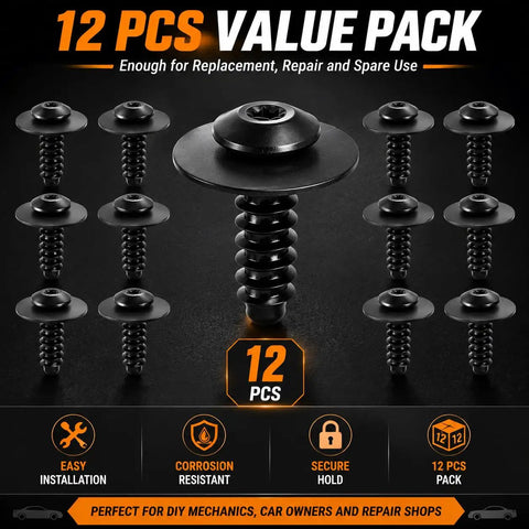 Top Shelf Heavy Duty 12 Pack Fender Liner Bolts With Splash Shield Screws For Gm Chevy Gmc Cadillac Buick M4.2 X 1.41, black screws in a pack.