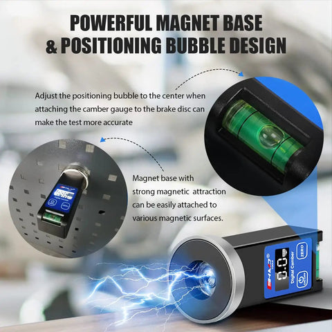 Powerful magnet base and bubble level of Shop Tested Digital Camber Gauge For Car Alignment Plus Suspension Tuning.
