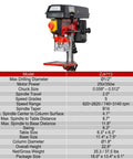 Rock Solid Benchtop Drill Press Eight Inch Swing Five Speed Motor with detailed specifications chart image.
