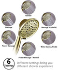 High Pressure 6 Setting Detachable Handheld Shower Head With Extra Long Flexible Hose Adjustable Metal Bracket Polished Brass Finish 2.5 GPM For Epic Rinses And Easy Reach showing different spray settings