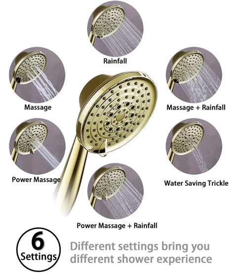High Pressure 6 Setting Detachable Handheld Shower Head With Extra Long Flexible Hose Adjustable Metal Bracket Polished Brass Finish 2.5 GPM For Epic Rinses And Easy Reach showing different spray settings