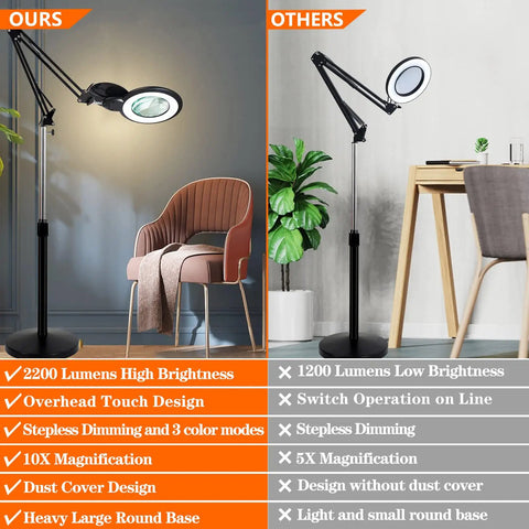 Comparison of two magnifying floor lamps; left showcasing 10X Floor Magnifying Glass With Light And Stand, Ultra Bright 2200 Lumens LED Magnifier For Estheticians, DIYers And Hobbyists, 3 Color Modes, Stepless Dimming, Swing Arm Floor Lamp For Precision Work.