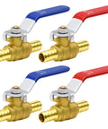 Load Up This Four Pack Of One Half Inch Pex Brass Full Port Shut Off Ball Valves Featuring Two Red Hot And Two Blue Cold Units That Deliver Hardcore Longevity And No Sweat Flow Control For This Rig Or House Plumbing Gig You Are Running, showcasing brass construction and colored handles.