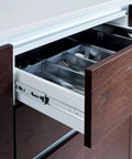 22 Inch Full Extension Drawer Slides Pair With 100 Pound Capacity Soft Close Ball Bearing Side Mount Rails For Heavy Duty Cabinets And Drawers Easy Install Hardware Included, installed in wooden kitchen drawer view
