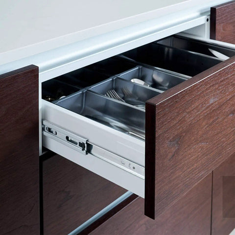 22 Inch Full Extension Drawer Slides Pair With 100 Pound Capacity Soft Close Ball Bearing Side Mount Rails For Heavy Duty Cabinets And Drawers Easy Install Hardware Included, installed in wooden kitchen drawer view