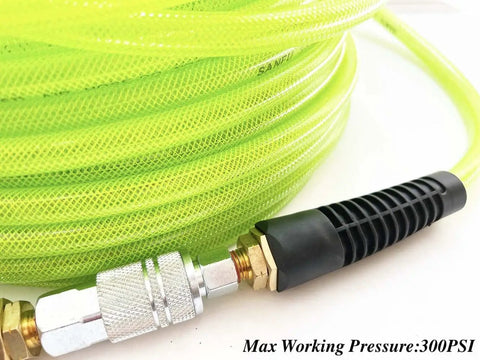 Reinforced Polyurethane 3/8 Inch ID Air Hose, 100 Ft, 300 PSI, green with quick coupler and bend restrictor, ideal for woodworking