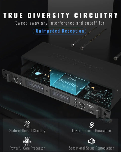 Wireless Microphone System Built For Stage Pros And Studio Setups With True Diversity UHF circuitry and interference protection display