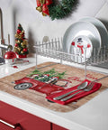 Holiday Dish Drying Mat For Kitchen Counter With Red Truck Cows Pine Trees Snowflakes Wood Grain Design Absorbent Microfiber