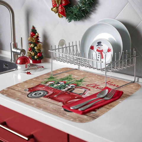 Holiday Dish Drying Mat For Kitchen Counter With Red Truck Cows Pine Trees Snowflakes Wood Grain Design Absorbent Microfiber