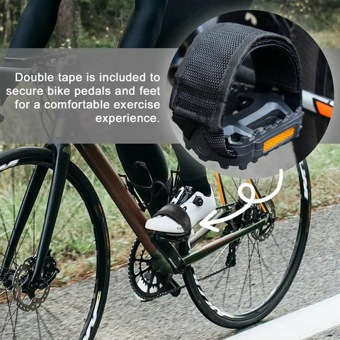 Cyclist using 4 Piece Bike Pedal Straps With Adjustable Toe Clips For Fixed Gear Road BMX And MTB Bikes Anti Slip Nylon Straps With Double Adhesive For Secure Foot Grip In Red And Black on a road bike