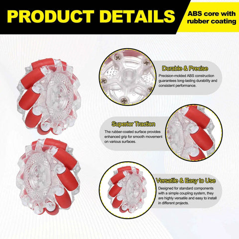 Two Pack Mecanum Wheel Set For Smart Robot Cars And DIY Models, 66mm Omnidirectional Wheels, ABS Rubber Red Finish, product details