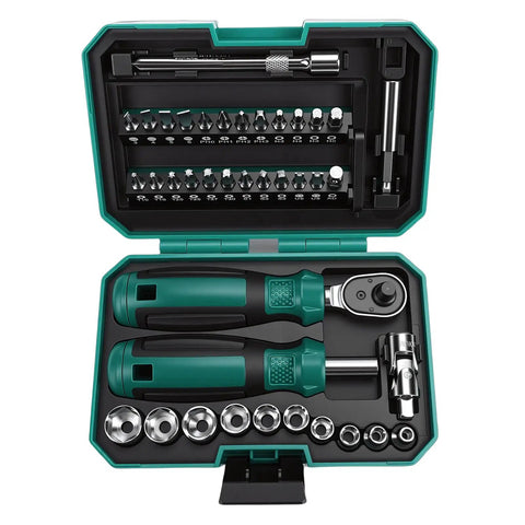 10 Piece Socket Wrench Set With 24 Bits And 4 To 13 mm Range Sockets Reversible Ratchet Handle Magnetic Extensions Universal Joint