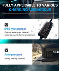 Tesla Portable Mobile Charger 32A Adjustable Amperage With Nacs J1772 Adapter Scheduled Smart Plug Touchscreen Display in water-resistant setting.