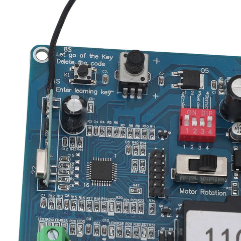 Close-up of a sliding gate opener circuit board with remote control advanced microcomputer control no hassle plug and play setup