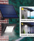 30 LED Solar Powered Outdoor Flood Light with IP65 Waterproof, Dusk Till Dawn Auto On, mounted on wall, day and night view