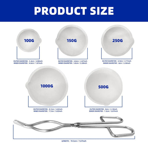 Six Pack Quartz Ceramic Crucible Set With Seven Point Eight Seven Inch Crucible Tong For Jewelry Casting And Refining Gold Silver Brass Alloy 100g 150g 250g 500g 1000g Melting Dishes, product size guide with measurements