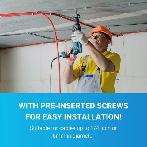 Worker installing coaxial cable clips and wire organizer clips for desk TV mounts siding using a drill on ceiling.