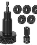 Wheel Hub Cleaning Tool And Resurfacing Kit with six durable brush heads, showing adapter, for lug studs, rotors, alloy wheels.