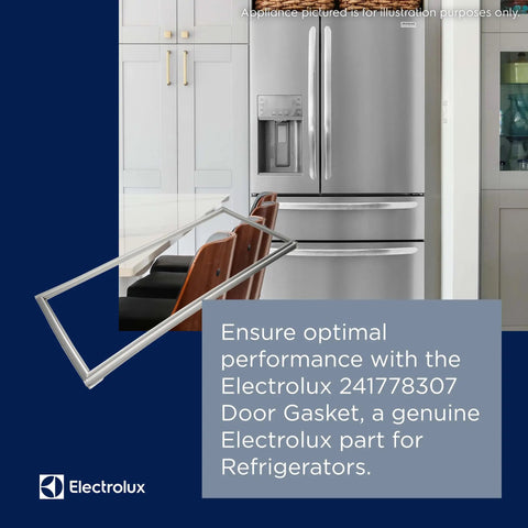 241778307 Gray Refrigerator Door Gasket Premium Replacement Seal shown with Electrolux fridge. Silicone rubber, easy DIY install.